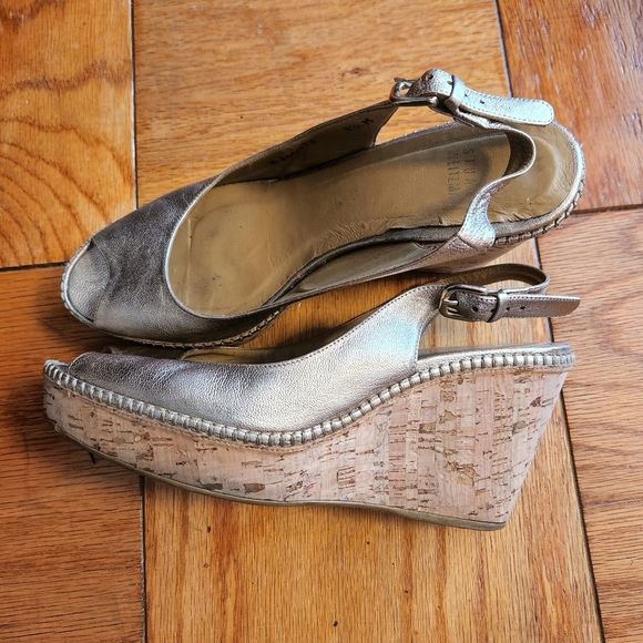 Stuart Weitzman gold metallic leather cork wedge sandals